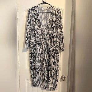 Peter Nygard 3XL Black/White Print Faux Wrap Knotted Front Dress